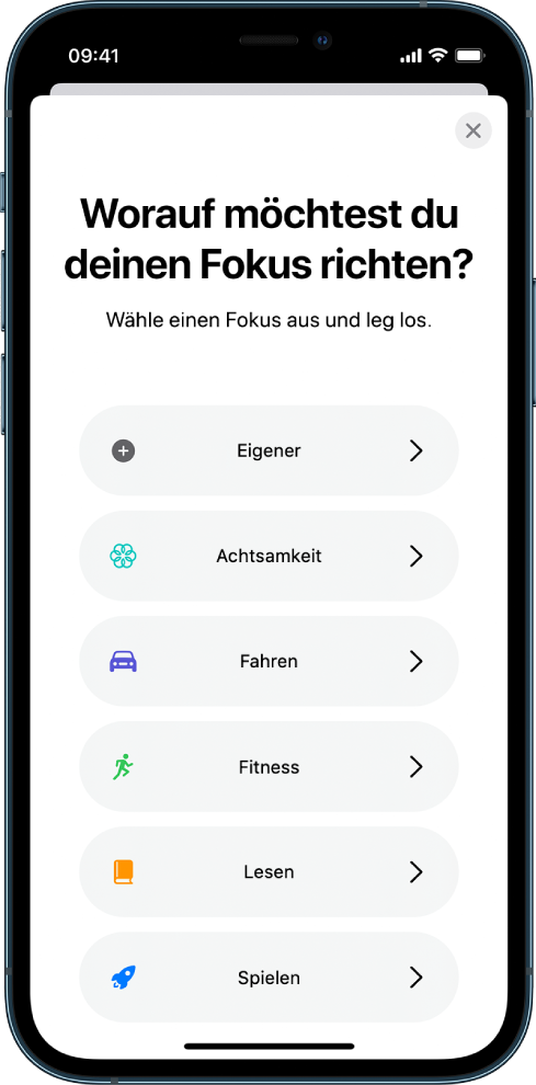 Abbildung einer Fokus-Konfiguration für eine der zusätzlich bereitgestellten Fokus-Optionen wie „Eigener“, „Fahren“, „Fitness“, „Spielen“, „Achtsamkeit“ und „Lesen“