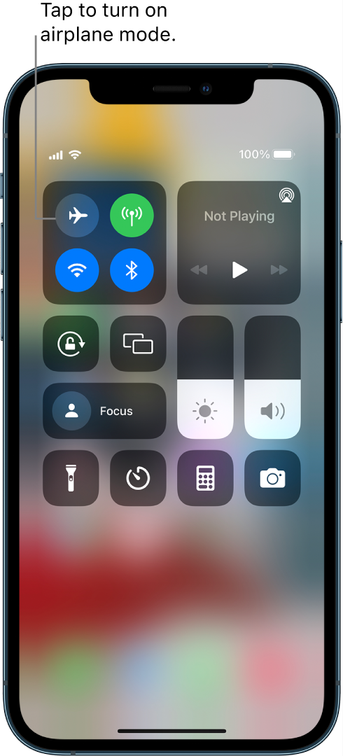 The Control Center screen showing that tapping the top-left button turns on airplane mode.