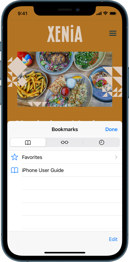 The Bookmarks screen, with options to see favorites and browsing history along with bookmarks.