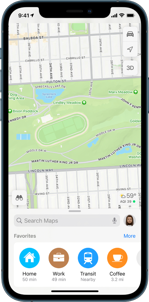 A map of a park, and four favorites shown at the bottom of the screen. The favorites are Home, Work, Transit, and Coffee.