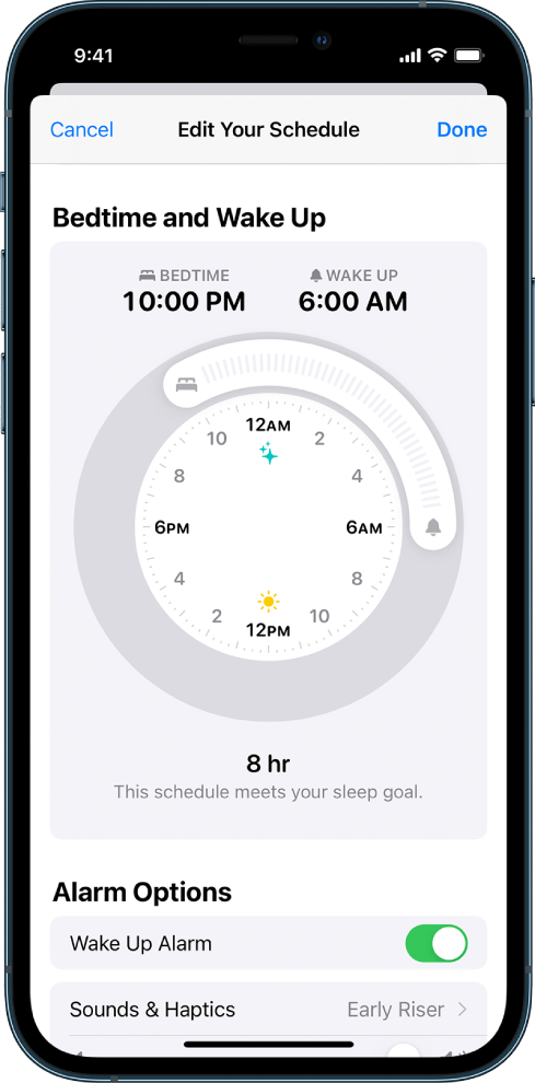 A screen showing bedtime is set for 10:00 p.m. today and wake up is set for 6:00 a.m. tomorrow. The wake up alarm is turned on, and the alarm sound is Early Riser.