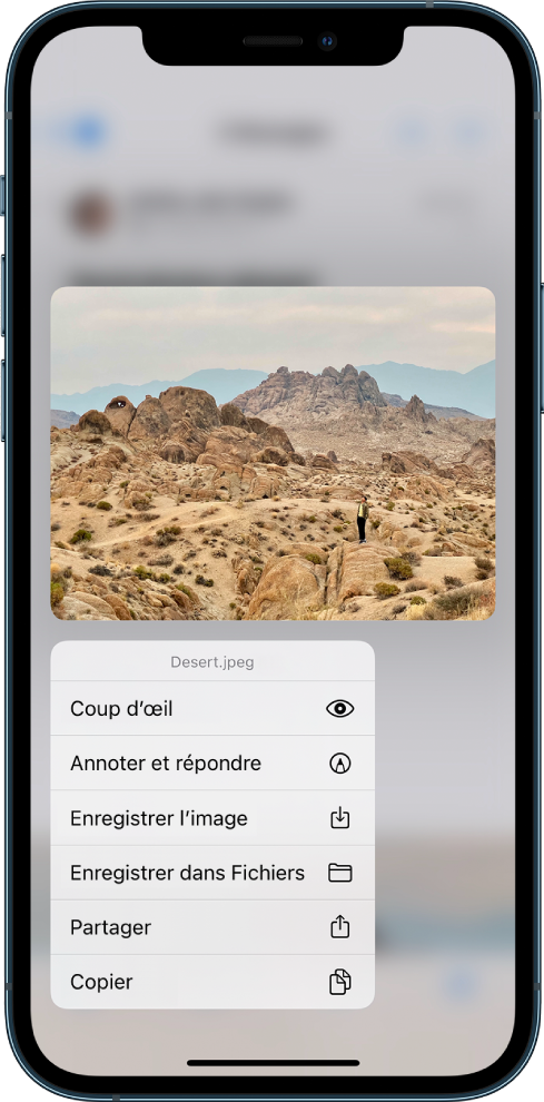 Une pièce jointe d’e-mail est sélectionnée et une liste d’actions possibles est affichée. Les options incluent Coup d’œil, Annoter et répondre, Enregistrer l’image, Enregistrer dans Fichiers, Partager et Copier.