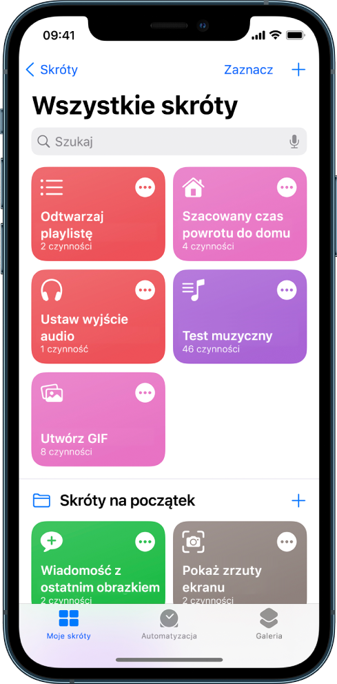 Karta Moje skróty. Lista skrótów pozwalających na wykonywanie popularnych codziennych czynności, takich jak ustawianie minutnika zaparzania herbaty czy znajdowania pobliskiego sushi baru. Na dole widoczne są karty Automatyzacja oraz Galeria.