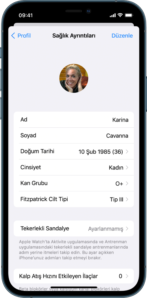 36 yaşındaki bir kadın için Sağlık Ayrıntıları ekranı.