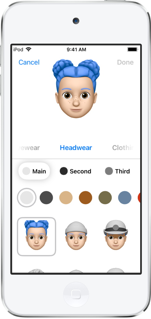 شاشة إنشاء Memoji، تعرض الشخصية التي يتم إنشاؤها في الجزء العلوي والملامح التي يتم تخصيصها أسفل الشخصية، ثم أسفل ذلك، خيارات للملامح المحددة. يظهر الزر "تم" في أعلى اليسار والزر إلغاء في أعلى اليمين.