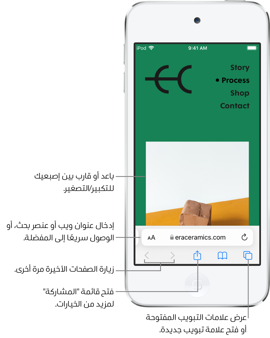 موقع ويب مفتوح في Safari، ويظهر حقل العنوان في الجزء السفلي. في الجزء السفلي، من اليمين إلى اليسار، تظهر أزرار الخلف، والأمام، والمشاركة، والإشارات المرجعية، وعلامات التبويب.