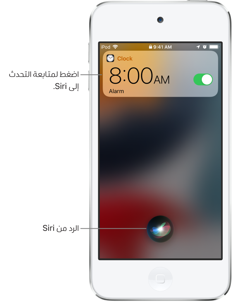 Siri على شاشة القفل. إشعار من تطبيق الساعة يُظهر أن هناك منبهًا مضبوطًا على الساعة 8:00 صباحًا. وفي أسفل منتصف الشاشة يوجد زر يُستخدم لمواصلة التحدث إلى Siri.