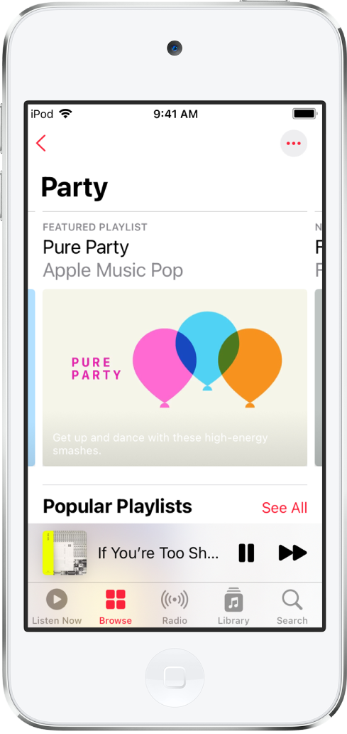 شاشة تصفح في Apple Music تعرض قوائم تشغيل الحفلات.