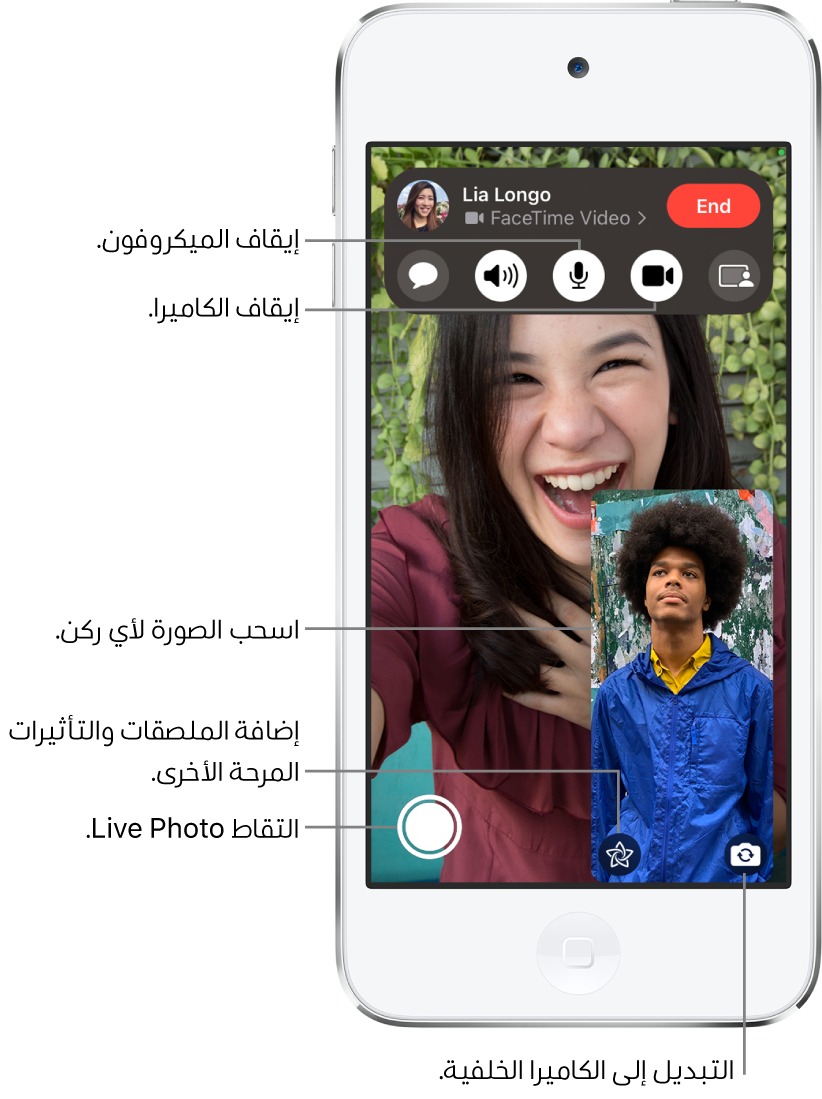 مكالمة FaceTime قيد التقدم. تظهر صورتك في مربع صغير في أسفل اليسار، وصورة الشخص الآخر تملء بقية الشاشة. في الجزء السفلي من الشاشة توجد أزرار Live Photo والمؤثرات والتبديل إلى الكاميرا الخلفية. توجد عناصر تحكم FaceTime في الجزء العلوي من الشاشة، وتشمل أزرار فتح الرسائل والصوت وكتم الصوت وتشغيل الكاميرا ومشاركة المحتوى. في الجزء العلوي من عناصر التحكم، يظهر الاسم أو Apple ID الخاص بالشخص الذي تتحدث إليه، وزر إنهاء.