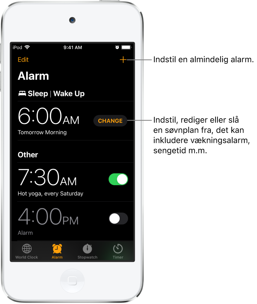 Fanen Alarm, der viser tre alarmer indstillet til forskellige tidspunkter, knappen til at indstille en regelmæssig alarm øverst til højre og vækningsalarmen med en knap til at ændre søvnplanen i appen Sundhed.