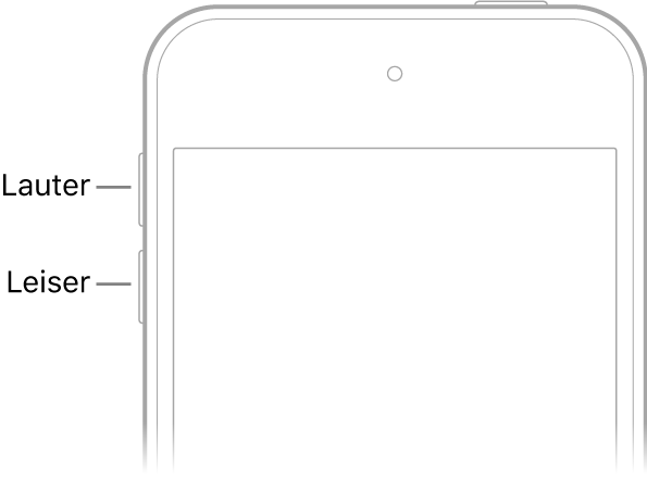 Oberer Teil der iPod touch-Vorderseite mit den Lautstärketasten „Lauter“ und „Leiser“ oben links.