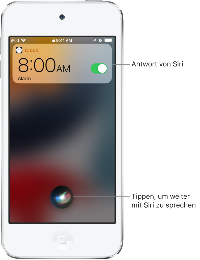 Siri auf dem Sperrbildschirm. Eine Mitteilung der App „Uhr“ zur Bestätigung, dass der Wecker auf 8:00 Uhr eingestellt wurde. Die Taste ganz unten in der Mitte dient dazu, die Konversation mit Siri fortzusetzen.