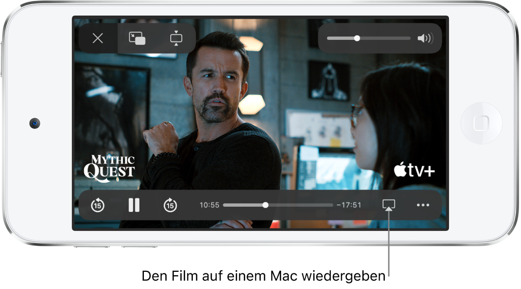 Ein Film wird auf dem iPod touch-Bildschirm wiedergegeben. Unten auf dem Bildschirm befinden sich die Steuerelemente für die Wiedergabe, einschließlich der Taste „AirPlay“ unten rechts.