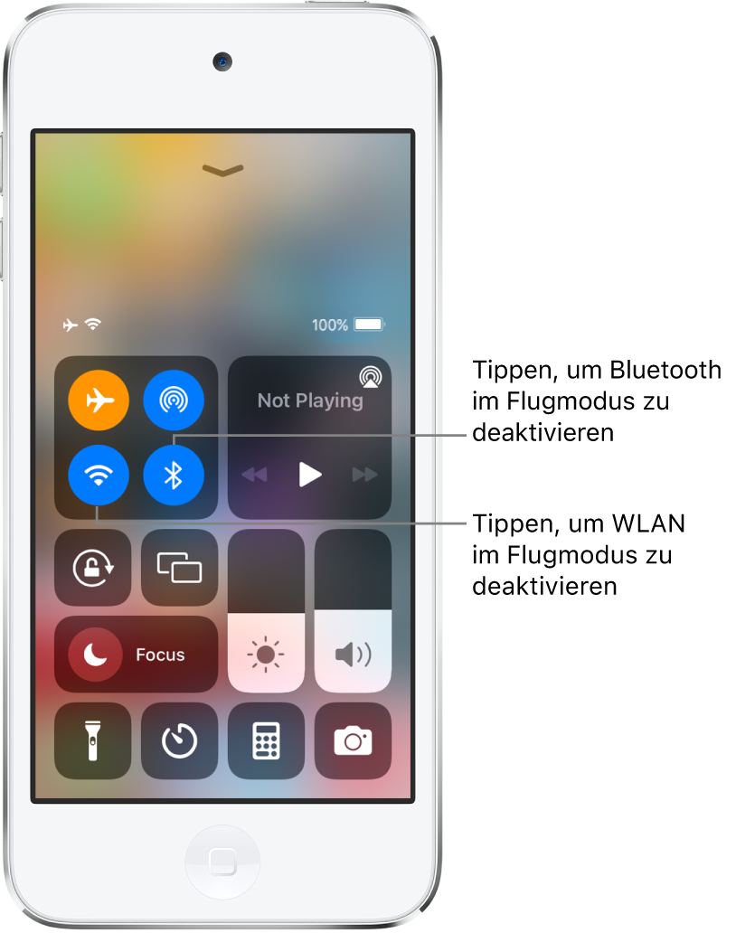 Kontrollzentrum mit aktiviertem Flugmodus. In der Gruppe mit Steuerelementen oben links befinden sich die Taste „WLAN“ (unten links) und „Bluetooth“ (unten rechts).