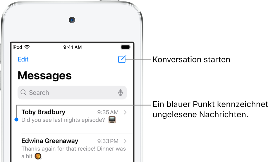 Die Liste der Nachrichten mit der Taste „Bearbeiten“ oben links und der Taste „Erstellen“ oben rechts. Ein blauer Punkt links neben einer Nachricht besagt, dass die betreffende Nachricht noch nicht gelesen wurde.