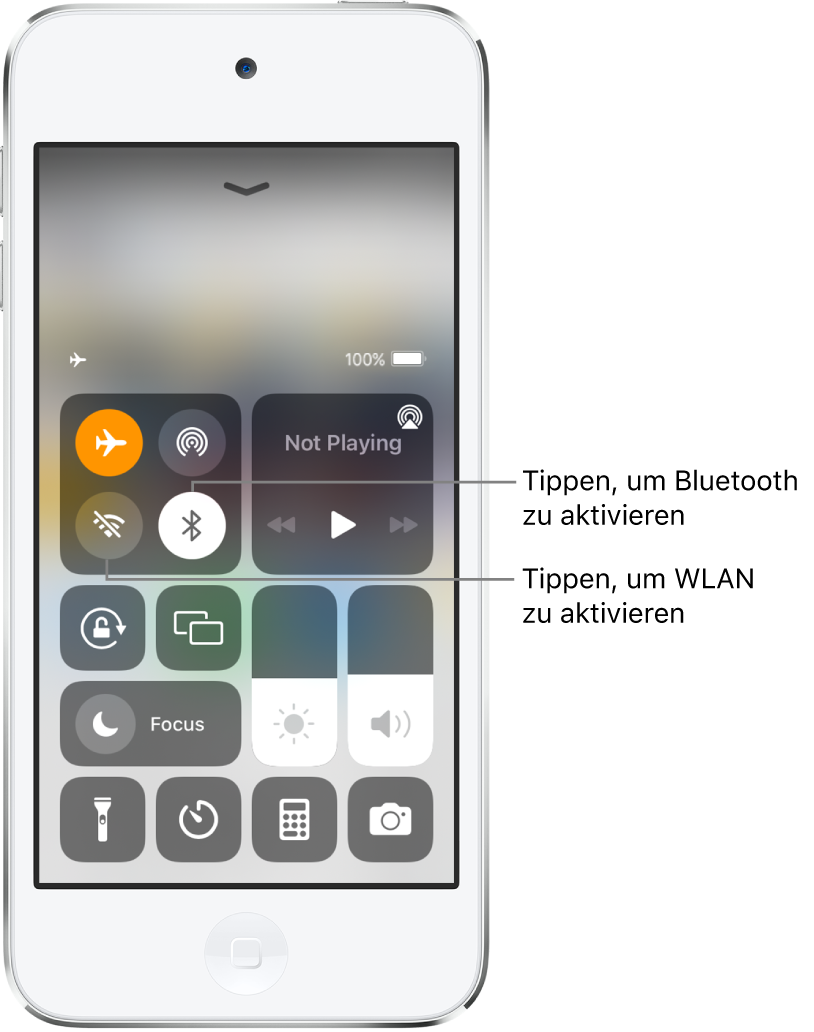 Kontrollzentrum mit aktiviertem Flugmodus. Die Tasten zum Aktivieren von „WLAN“ und „Bluetooth“ befinden links oben im Kontrollzentrum.