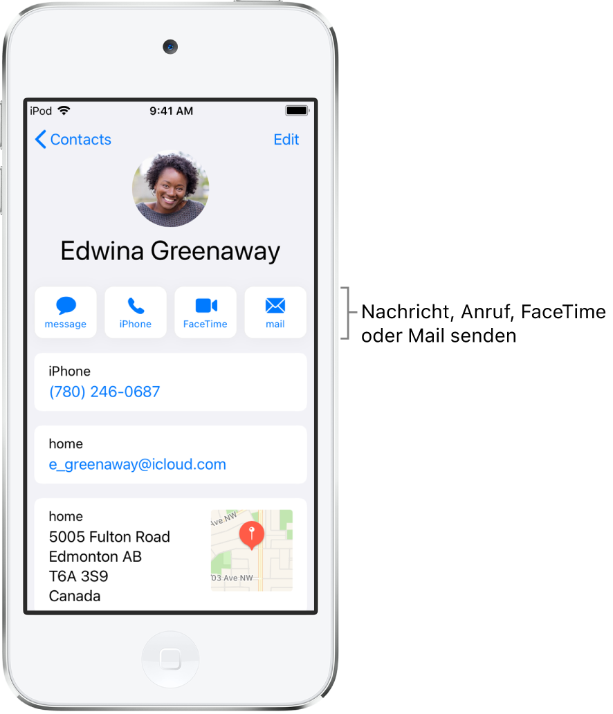 Der Informationsbildschirm für einen Kontakt. Oben werden das Foto und der Name des Kontakts angezeigt. Darunter befinden sich die Tasten zum Senden einer Nachricht, zum Tätigen eines Anrufs, zum Tätigen eines FaceTime-Anrufs und zum Senden einer E-Mail-Nachricht. Unter den Tasten sind die Informationen des Kontakts zu sehen.