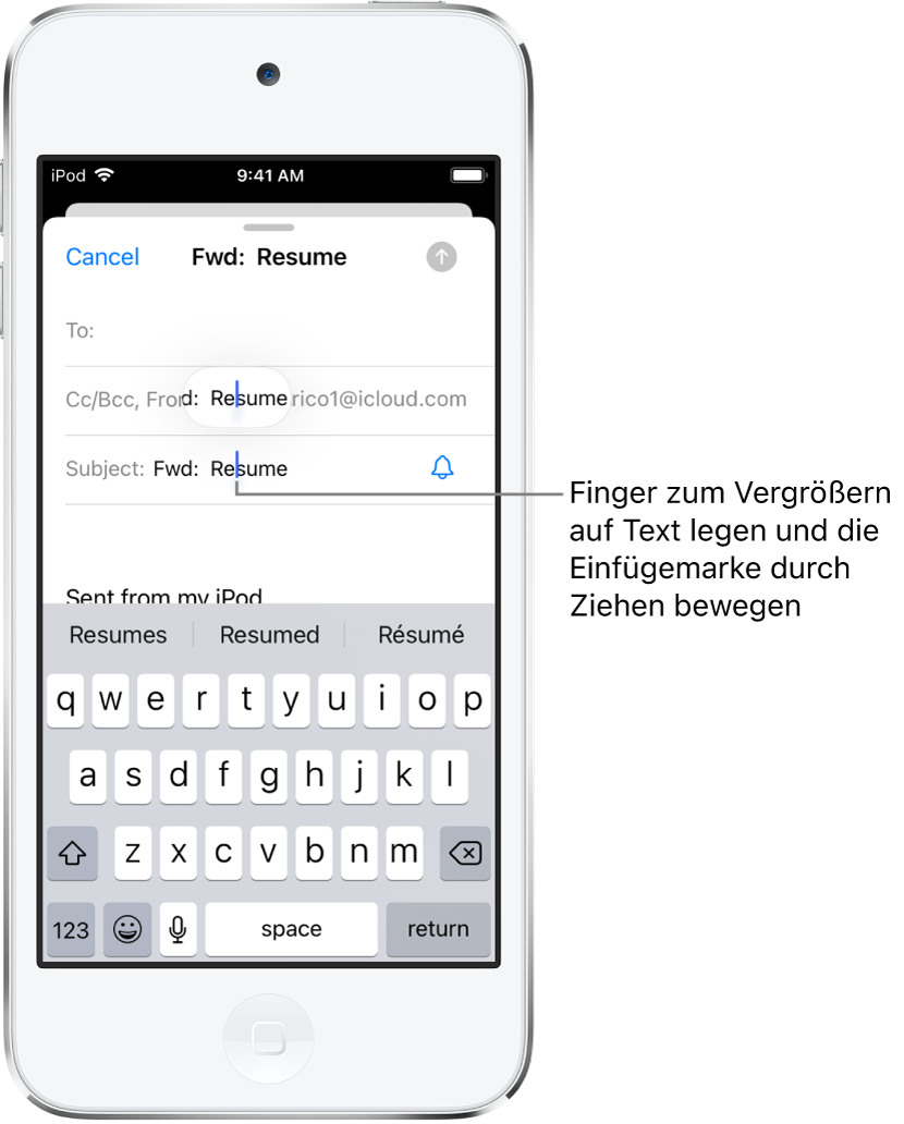 Ein E-Mail-Entwurf mit der Einfügemarke an der Stelle, an der der Text eingefügt oder bearbeitet wird. Der umgebende Text wird vergrößert, damit das Platzieren der Einfügemarke einfacher ist.