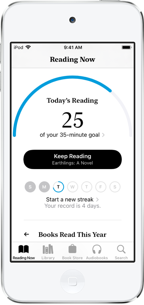 The Reading Goals section in Reading Now. The reading counter shows that 6 minutes of a 10-minute goal have been completed. Below the counter is a Keep Reading button, and circles that show the days of the week, Sunday through Saturday. The circle for Tuesday contains a blue outline that shows the progress for that day.