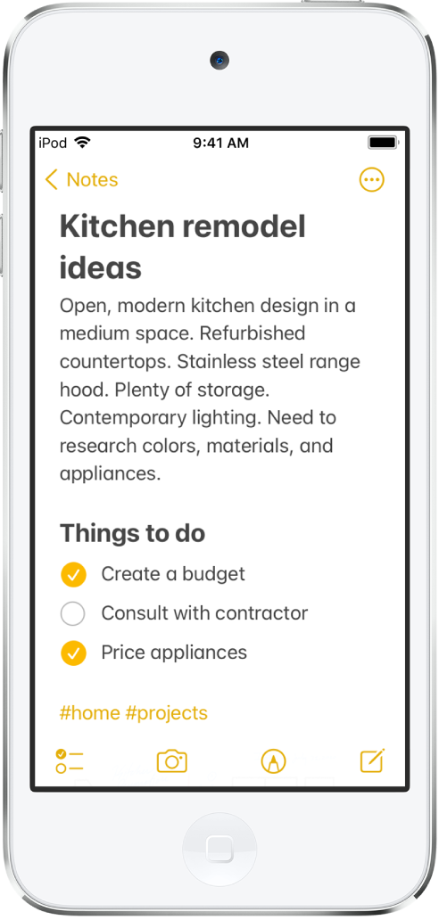 A note showing text for kitchen remodeling ideas and a to-do checklist. There are buttons to collaborate with other people on the note and to share the note. There are buttons at the bottom to delete the note, add a checklist, add a photo or scan a document, show handwriting tools, and create a new note.