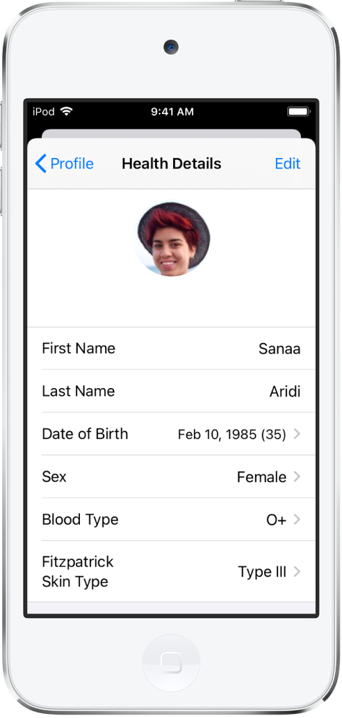 The Health Details screen for a 35-year old female.