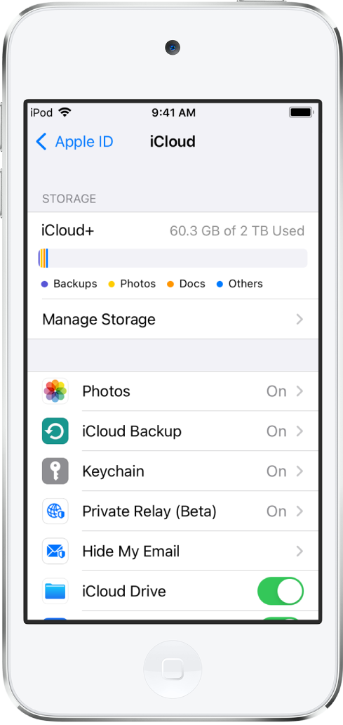 The iCloud settings screen showing the iCloud storage meter and a list of apps and features, including Mail, Contacts, and Messages, that can be used with iCloud.