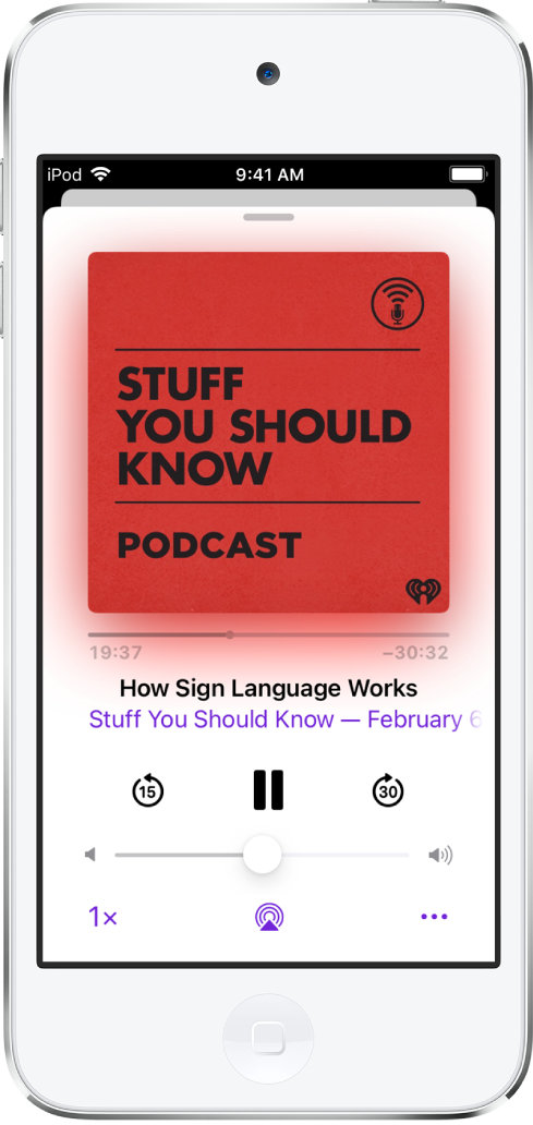 The playback controls on the Now Playing screen. Below the podcast artwork, drag the track position slider to rewind or move ahead. Below the episode title, there are buttons to rewind, play or pause, and fast forward. Below those is the volume control. In the bottom-left corner is the control for changing the playback speed. In the bottom-right corner is the More button.