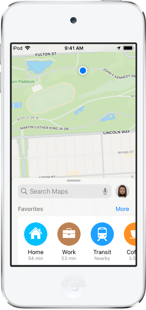 A map of a park, and three favorites shown at the bottom of the screen. The favorites are Home, Work, and Transit.