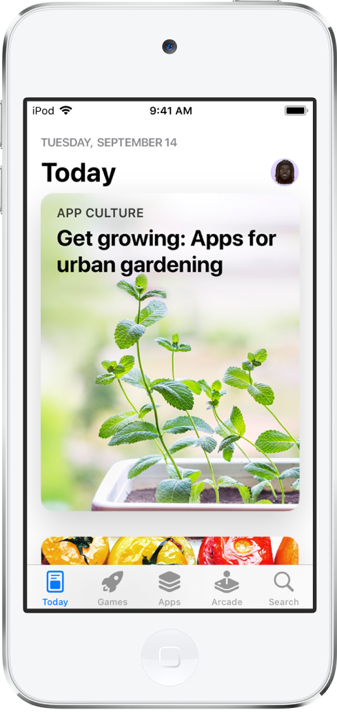 The Today screen in the App Store showing a featured story and app. Your profile picture is at the top right. Along the bottom, from left to right, are the Today, Games, Apps, Arcade, and Search tabs.
