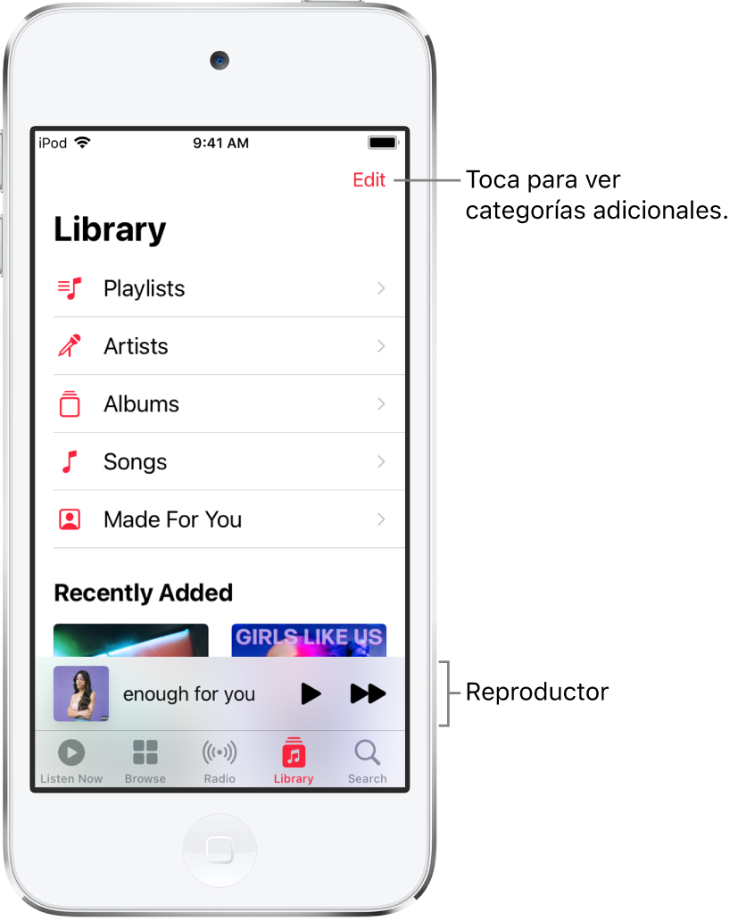 La pantalla Biblioteca mostrando una lista de categorías, incluyendo Playlists, Artistas, Álbumes y Canciones. Debajo de la lista aparece el encabezado "Agregadas recientemente". El reproductor mostrando el título de la canción actual y los botones Reproducir y Siguiente, que aparecen cerca de la parte inferior.