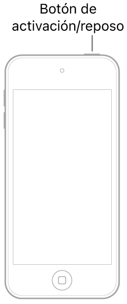 Una ilustración de un iPod touch con la pantalla hacia arriba. El botón de activación/reposo se muestra en la parte superior del iPod touch.