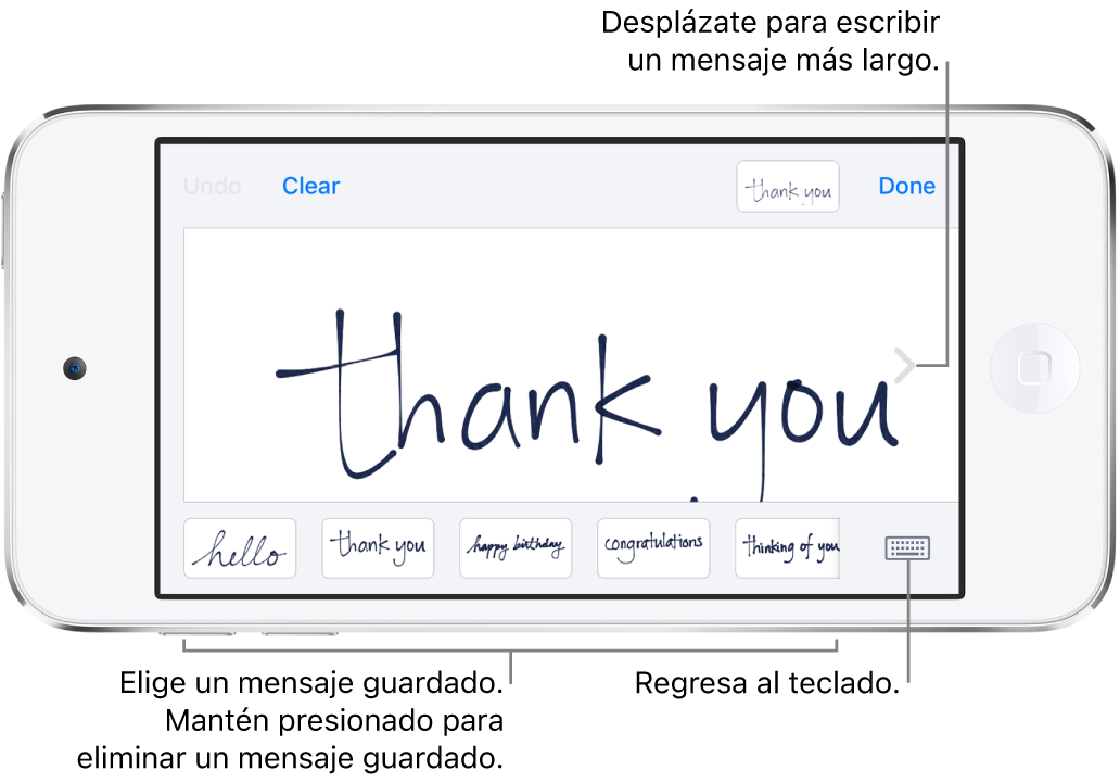 La pantalla de mensaje a mano con un mensaje escrito a mano. En la parte inferior, de izquierda a derecha, se encuentran mensajes guardados y el botón "Mostrar teclado".