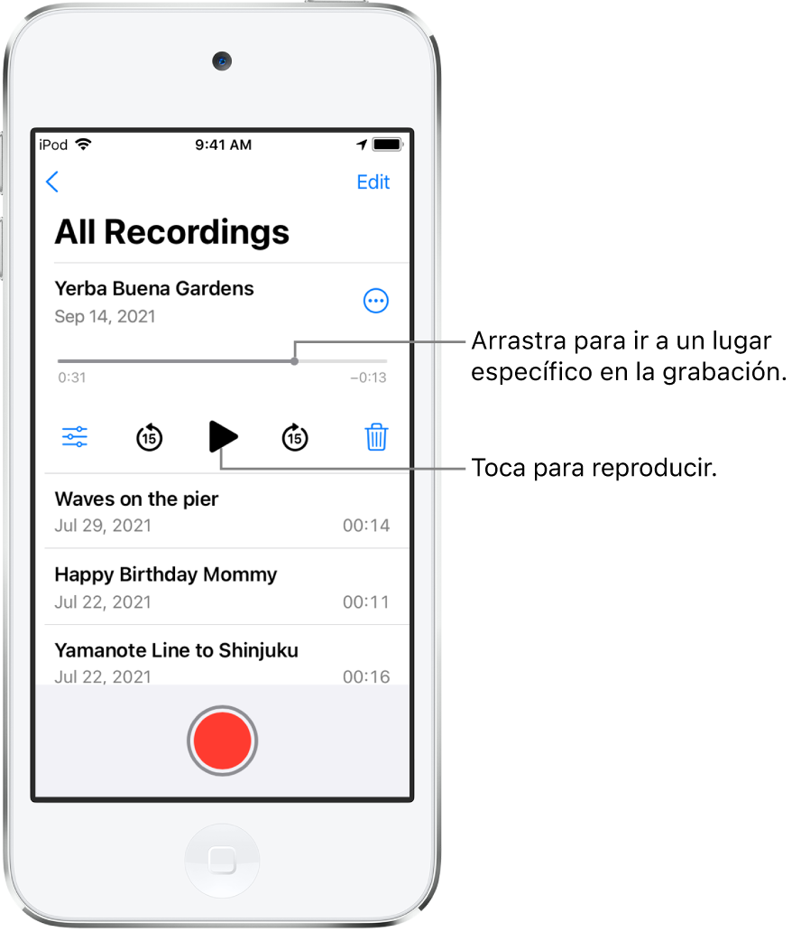 La pantalla de Notas de Voz con una grabación seleccionada en la parte superior. La línea del tiempo de la grabación tiene un cursor de reproducción y los tiempos de inicio y fin en cada extremo. Debajo de la línea del tiempo se encuentra el botón Más, que puedes tocar para editar, duplicar o compartir la grabación; y los botones para retroceder 15 segundos, reproducir, avanzar 15 segundos y eliminar. Debajo se encuentra una lista de grabaciones que se pueden abrir con un toque.