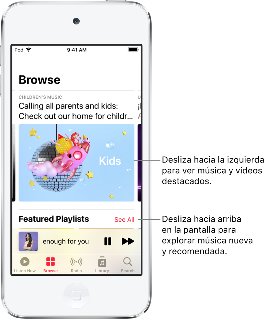 La pantalla Explorar muestra la música destacada en la parte superior. Puedes deslizar hacia la izquierda para ver más música y vídeos destacados. Una sección de playlists destacadas aparece debajo con el botón “Ver todo” a la derecha. Puedes deslizar hacia arriba en la pantalla para explorar música nueva y recomendada.