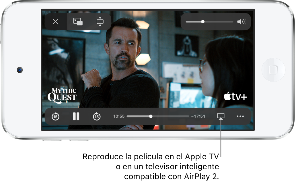 Una película en reproducción en la pantalla del iPod touch. En la parte inferior de la pantalla se encuentran los controles de reproducción, incluido el botón AirPlay cerca de la parte inferior derecha.