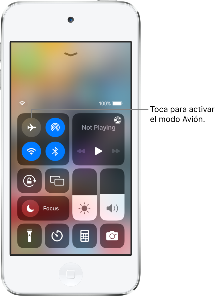 Pantalla del centro de control donde se muestra cómo se activa el modo Avión al tocar el botón situado en la esquina superior izquierda.