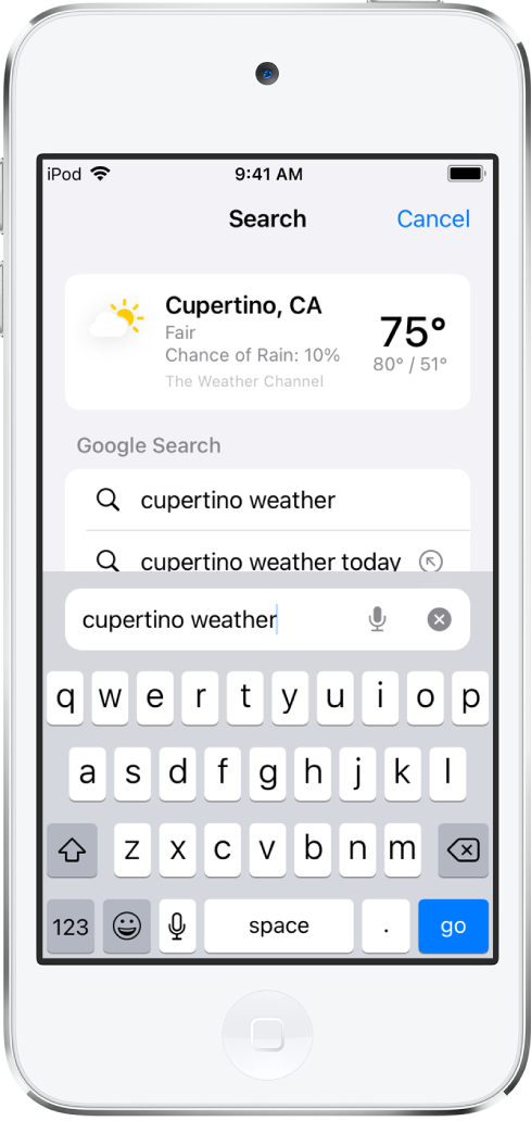 En la parte inferior de la pantalla está el campo de búsqueda de Safari, que contiene el texto “tiempo en cupertino”. En la parte superior de la pantalla se muestra un resultado de la app Tiempo, con el tiempo y la temperatura actuales de Cupertino. Debajo se muestran resultados de búsqueda de Google. En el lado derecho de cada resultado hay una flecha que enlaza con la página concreta del resultado de búsqueda.