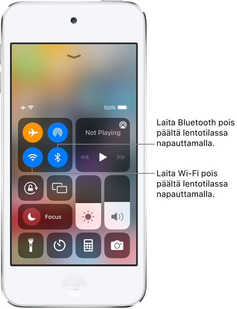 Ohjauskeskus, kun lentotila on päällä. Vasemman yläkulman säädinryhmässä ovat Wi-Fi-painike (alavasemmalla) ja Bluetooth-painike (alaoikealla).