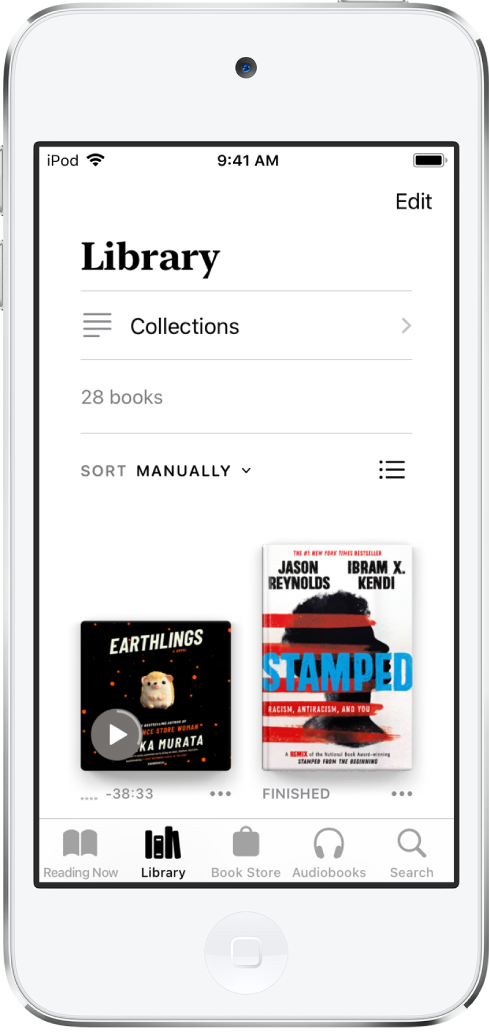 L’écran Bibliothèque dans l’app Livres. En haut de l’écran se trouvent le bouton Collections et les options de tri. L’option de tri Manuellement est sélectionnée. Au milieu de l’écran se trouvent les couvertures des livres de la bibliothèque. En bas de l’écran se trouvent, de gauche à droite, les onglets En cours, Bibliothèque, Librairie, Livres audio , et Rechercher.