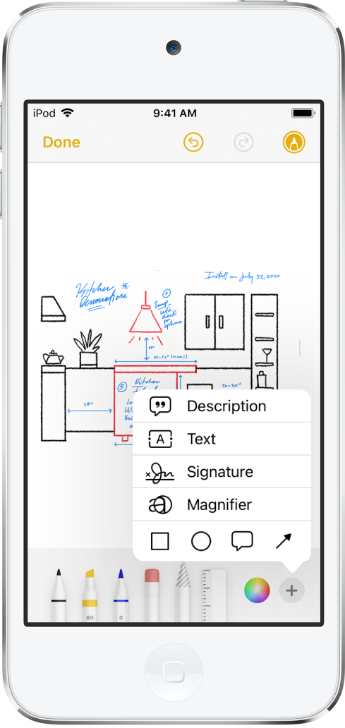 Une photo est annotée avec des lignes orange pour indiquer les stores au-dessus des fenêtres. La barre d’outils d’annotation avec les outils de dessins et le sélecteur de couleurs apparaît en bas de l’écran. Un menu avec des choix pour ajouter du texte, une signature, une loupe et des formes apparaît dans le coin inférieur droit.