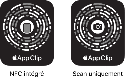 À gauche, un code d’extrait d’app doté de la technologie NFC avec une icône d’iPhone au centre. À droite, un code d’extrait d’app à scanner uniquement, avec une icône d’appareil photo au centre.