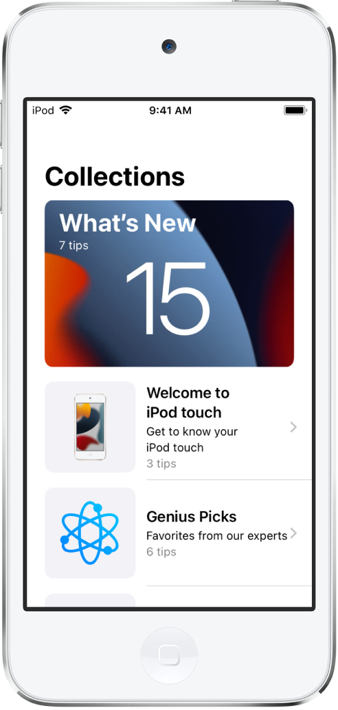 Un écran montrant des collections d’astuces avec des flèches vers la droite indiquant que vous pouvez toucher une collection pour afficher les astuces qu’elle contient.