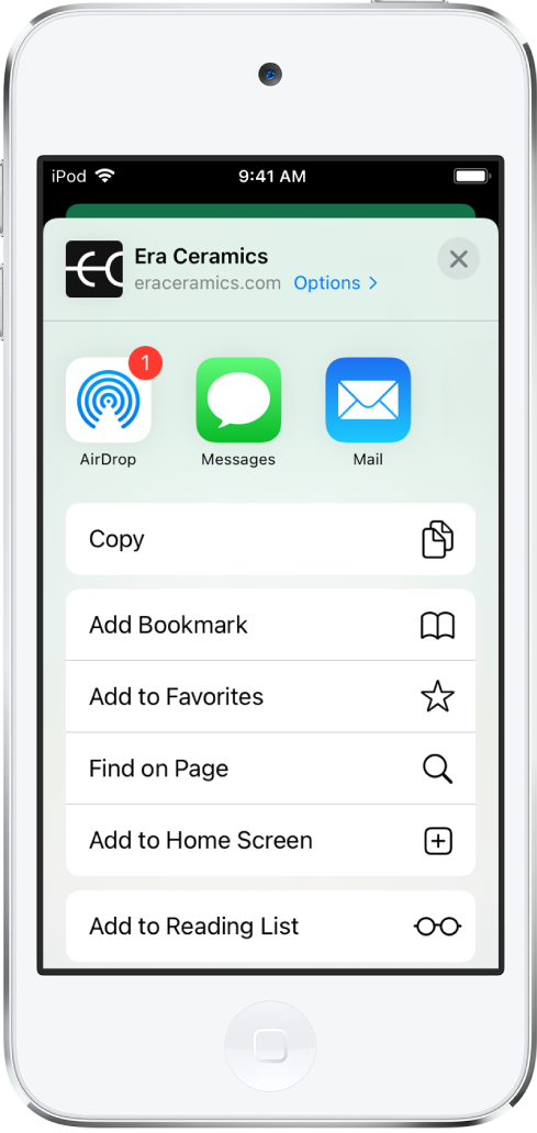 Menu Bagikan. Di sepanjang bagian atas terdapat app yang dapat digunakan untuk berbagi tautan. Di bawahnya terdapat daftar pilihan lainnya, termasuk Tambah Penanda, Tambahkan ke Favorit, Temukan di Halaman, Tambahkan ke Layar Utama, dan Tambahkan ke Daftar Bacaan.