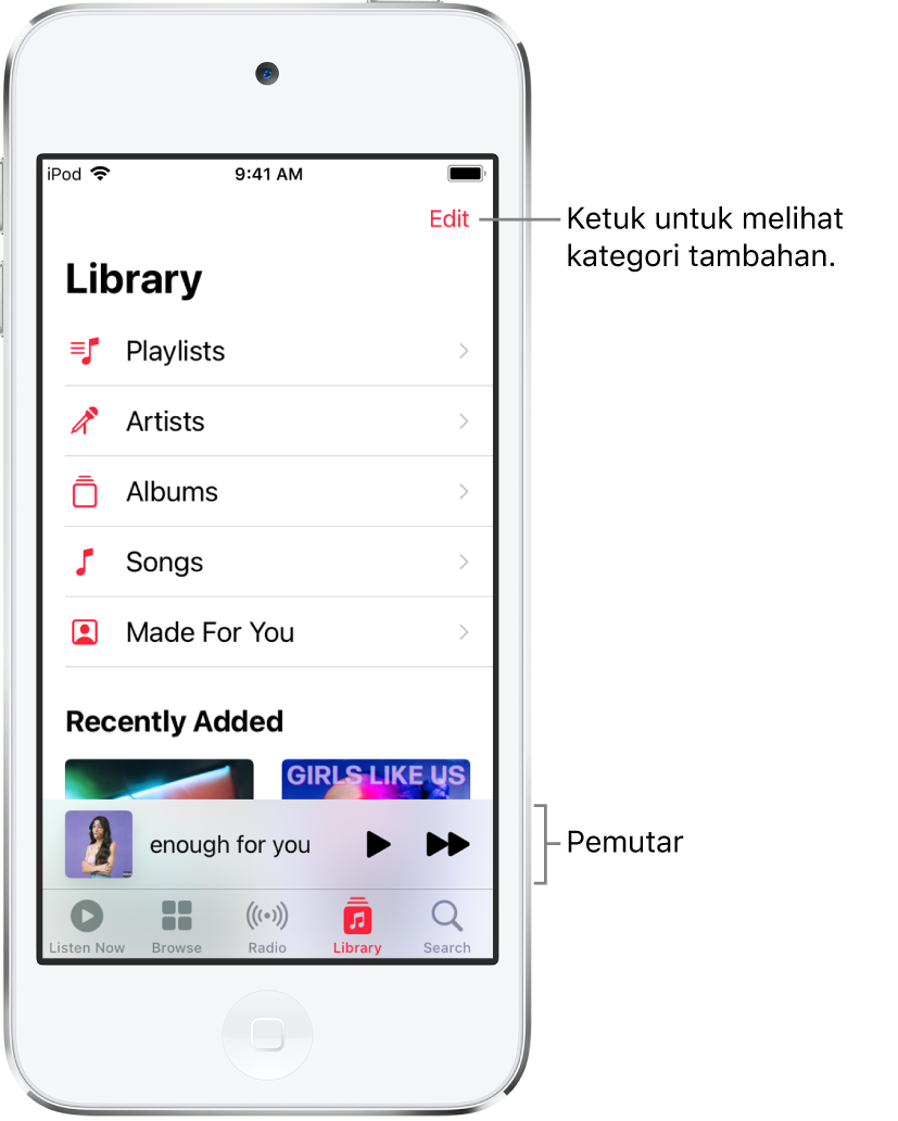 Layar Perpustakaan menampilkan daftar kategori termasuk Daftar Putar, Artis, Album, dan Lagu. Judul Baru Ditambahkan muncul di bawah daftar. Pemutar menampilkan judul lagu saat ini serta tombol Putar dan Berikutnya muncul di dekat bagian bawah.