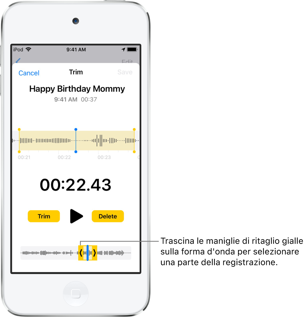 Una registrazione in fase di ritaglio, con una porzione della forma d'onda audio inclusa all'interno delle maniglie di taglio nella parte inferiore dello schermo. Sopra la forma d'onda sono presenti un pulsante Riproduci e un timer di registrazione. Le maniglie di ritaglio si trovano sotto il pulsante Riproduci. Il pulsante Ritaglia per eliminare la parte della registrazione fuori della maniglie e il pulsante Elimina per eliminare la parte della registrazione all'interno delle maniglie si trovano su entrambi i lati del pulsante Riproduci.