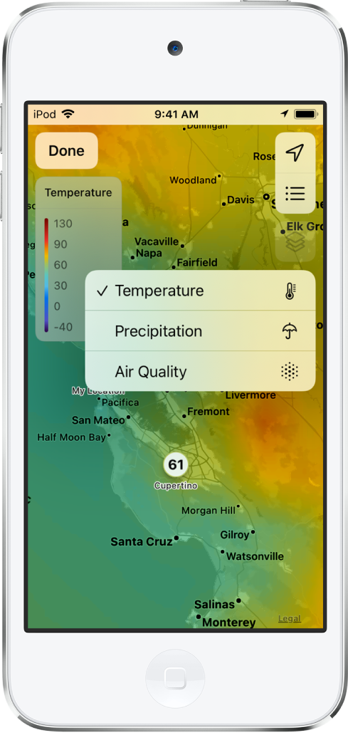 Una mappa della temperatura dell'area circostante si apre a tutto schermo. Nell'angolo in alto a destra, dall'alto in basso, si trovano i pulsanti Posizione attuale e Località preferite. Un menu al centro dello schermo mostra i seguenti pulsanti per modificare la visualizzazione dello schermo: Temperatura, Precipitazioni e “Qualità dell'aria”. Nell'angolo in alto a sinistra è presente il pulsante Fine.