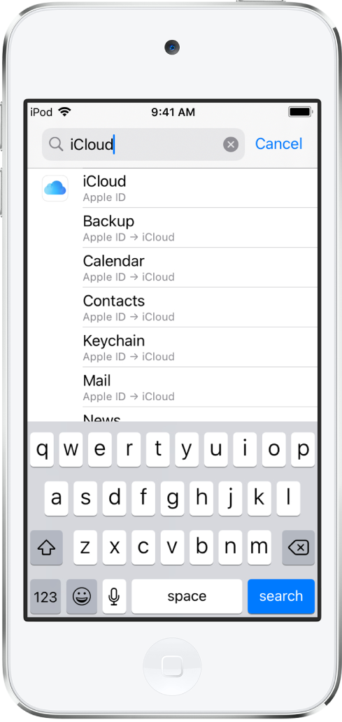 設定の検索画面。上部に検索フィールドが表示されています。「iCloud」という単語で検索したところ、下のリストに設定が候補として表示されています。