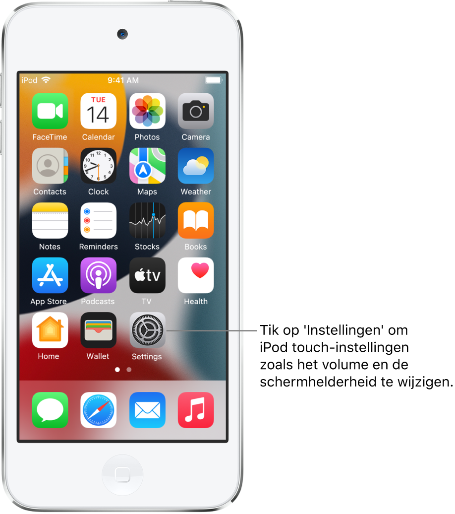 Het beginscherm met diverse appsymbolen, zoals het symbool van de Instellingen-app, waarop je kunt tikken om het volume, de schermhelderheid en andere iPod touch-instellingen te wijzigen.