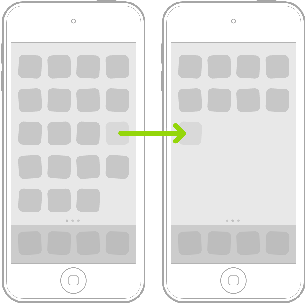 Trillende apps in het beginscherm met een pijl die wijst naar een app die naar de volgende pagina wordt gesleept.