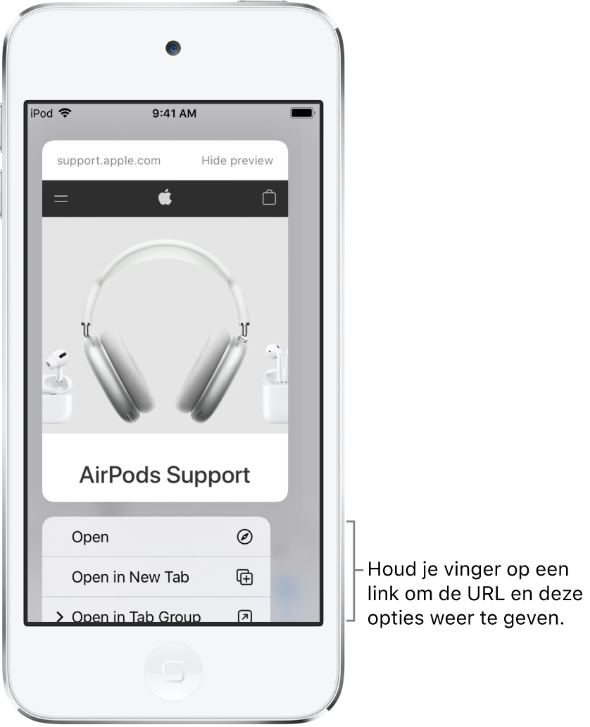 Een voorvertoning van de bestemmings-URL, gevolgd door een lijst met mogelijke taken: 'Open', 'Open in nieuw tabblad' en 'Open in tabgroep'.